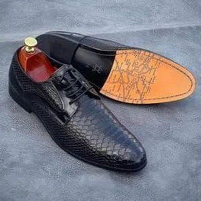 Black Snake-Embossed Derby, Tan Sole